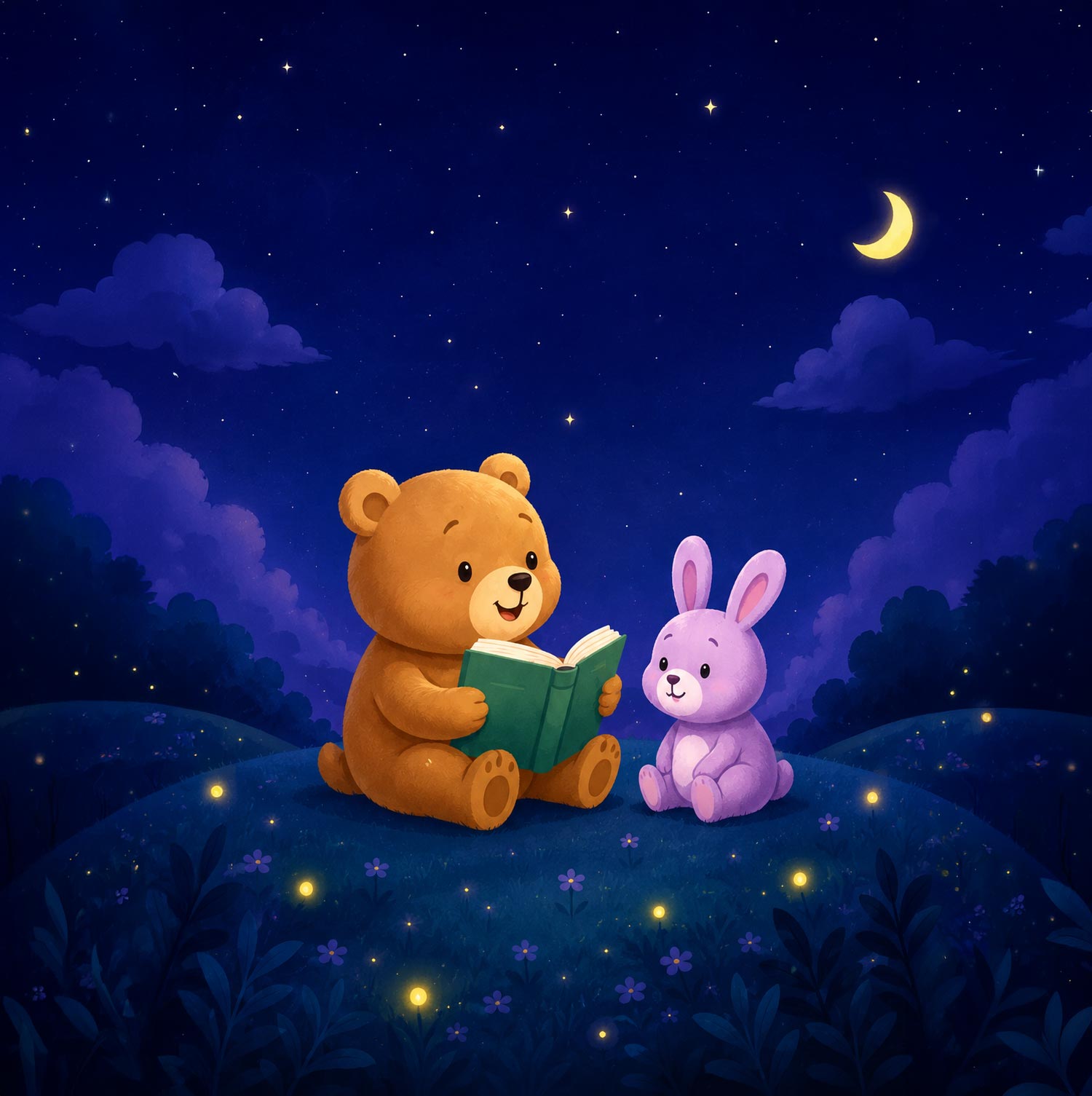 A bear reading a bedtime story to a bunny under a moonlit sky